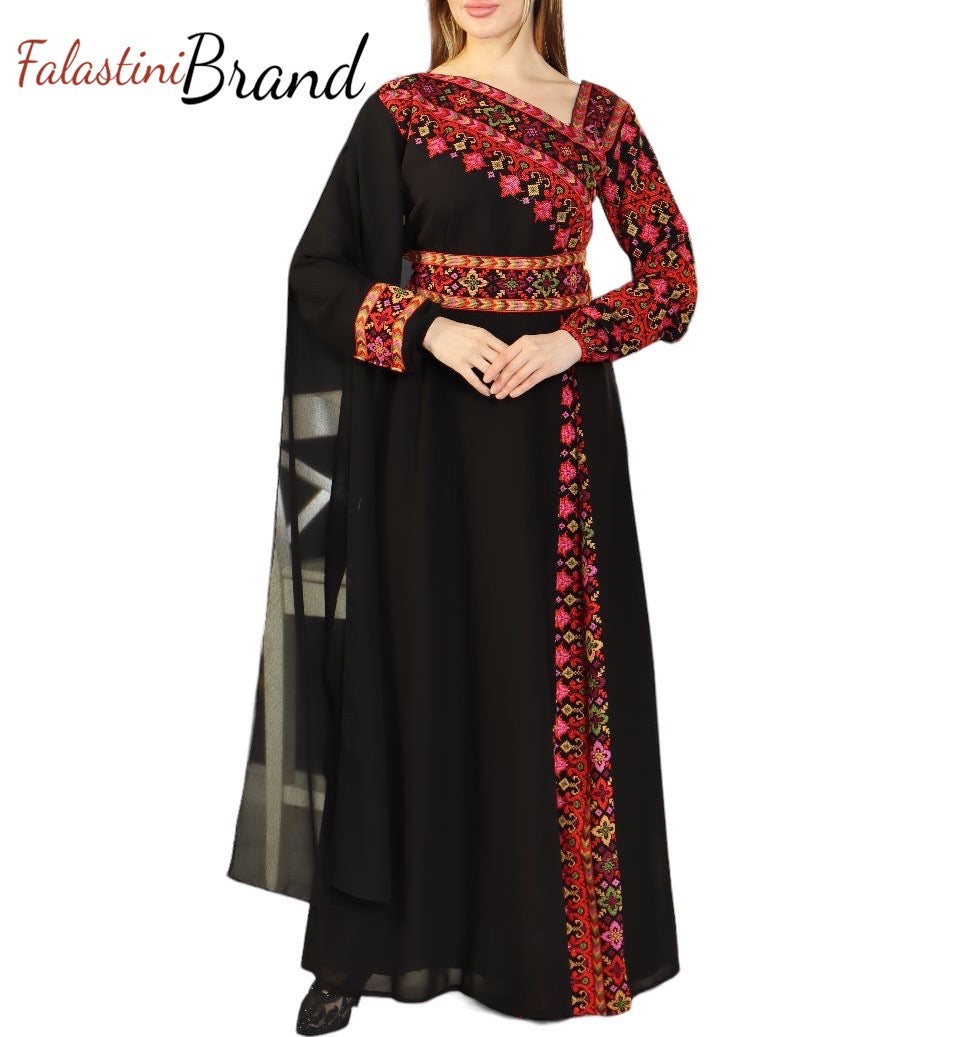 Elegant Black and Red Shoulder Details Embroidered Dress Elegant Black and Red Shoulder Details Embroidered Dress