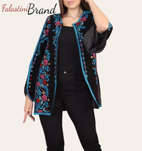 Elegant Palestinian Black And Blue Embroidered Jacket