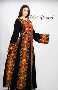 Stylish Fire Color Palestinian Embroidered Abaya Thobe Dress
