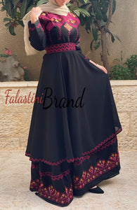 Elegant Black Palestinian Embroidered Cloche Layered Dress