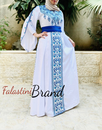 White Satin Flowy Thob Dress With Blue Gorgeous Embroidery