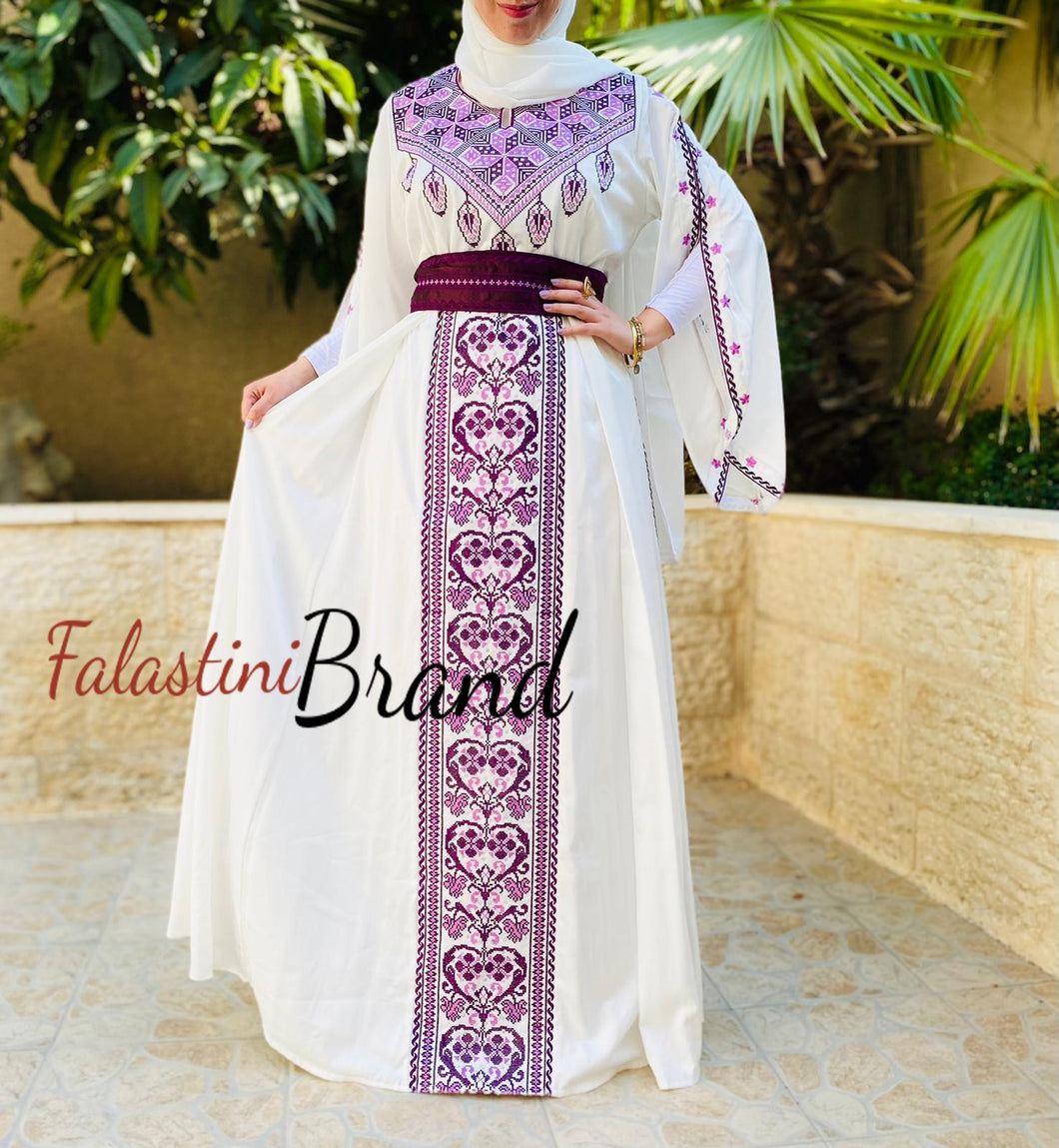 White Satin Flowy Thob Dress With Purple Gorgeous Embroidery