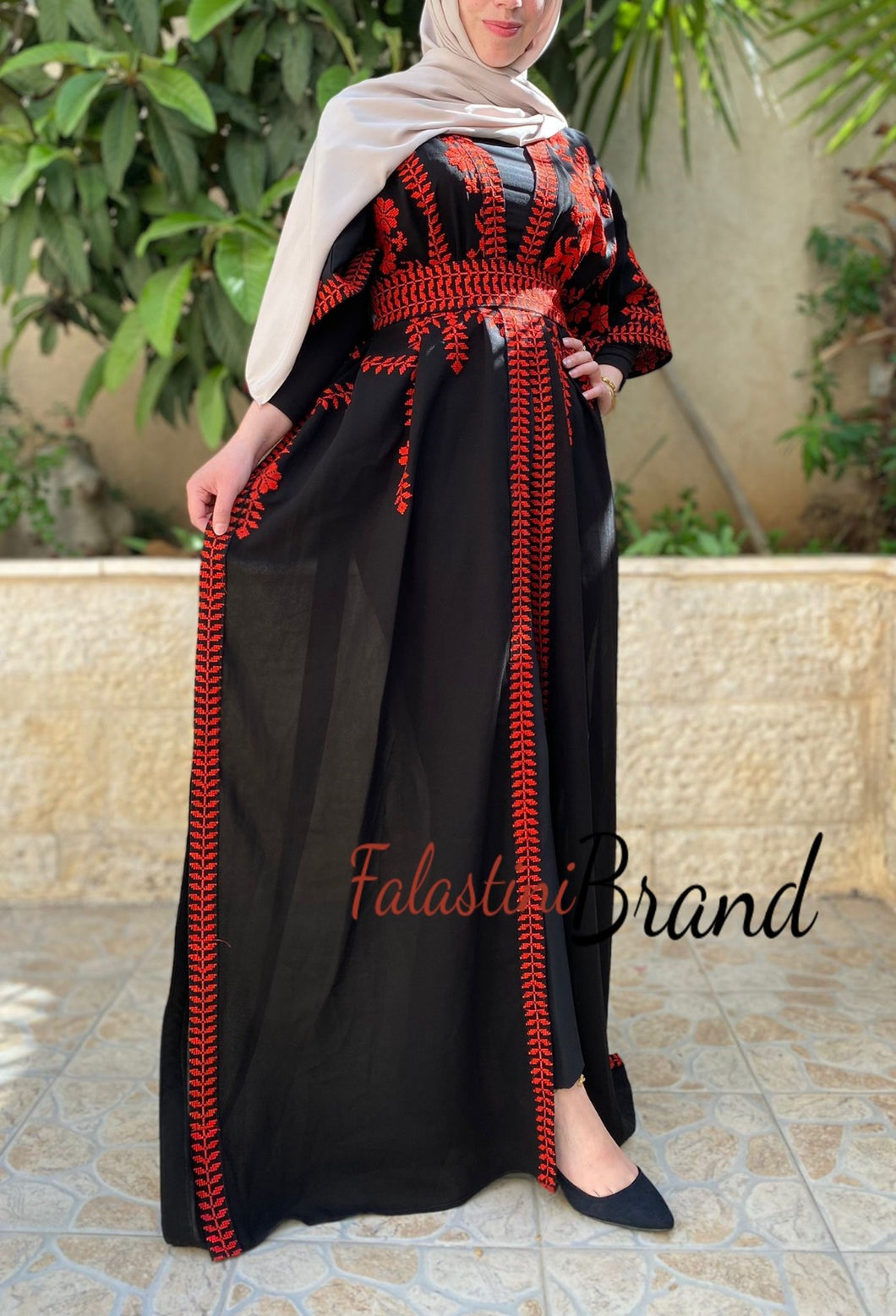 Black & Red Embroidered Open Abaya