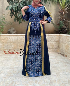 Wonderful Navy Blue Embroidered Thob with Kashmir Details and Attached Skirt