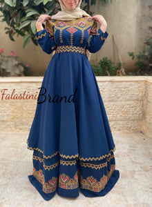 Elegant Navy Palestinian Embroidered Cloche Layered Dress
