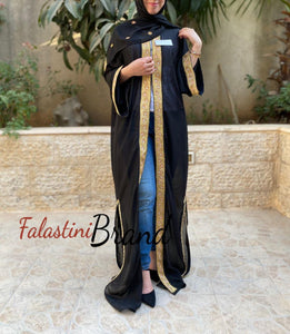 Inash Royal Black Sheer Hand Made Abaya with Golden Embroidery