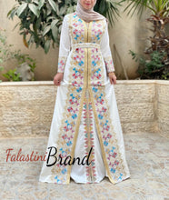 2 Pieces White Moroccan Like Kaftan Dress with Palestinian Embroidery
