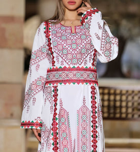 Manajil Samer Palestinian Embroidered White Thobe Maxi Dress Long Sleeves Kaftan Palestinian Embroidery