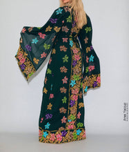 Distinctive Deep Green Grape Leaves Palestinian Embroidered Colorful Zippered Abaya Slit Sleeve