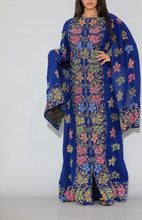 Distinctive Royal Blue Grape Leaves Palestinian Embroidered Colorful Zippered Abaya Slit Sleeve