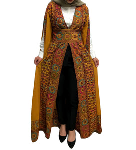Mustard Georgette Embroidered Open Abaya Kaftan Maxi Dress Long Split Sleeve